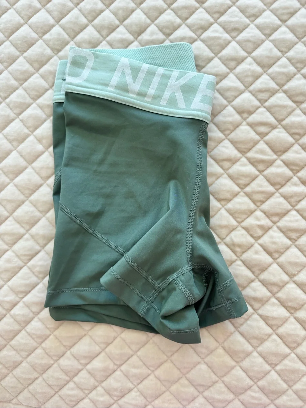Nike Women's Olive Green Compression Shorts with Mint Elastic Waistband